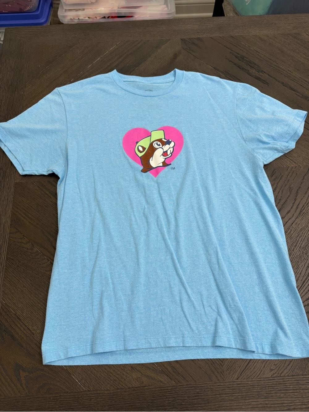 Light Blue Short Sleeve Tee with Pink Heart Bucee’s Graphic